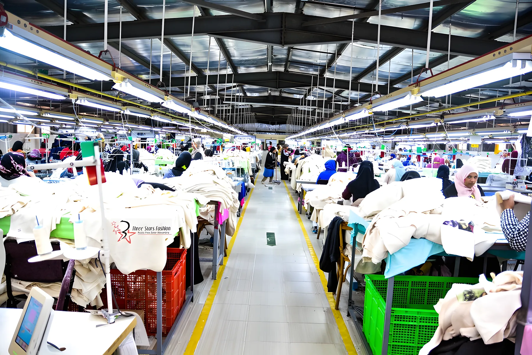 Long sewing lines with operators and garment bundles on the production floor