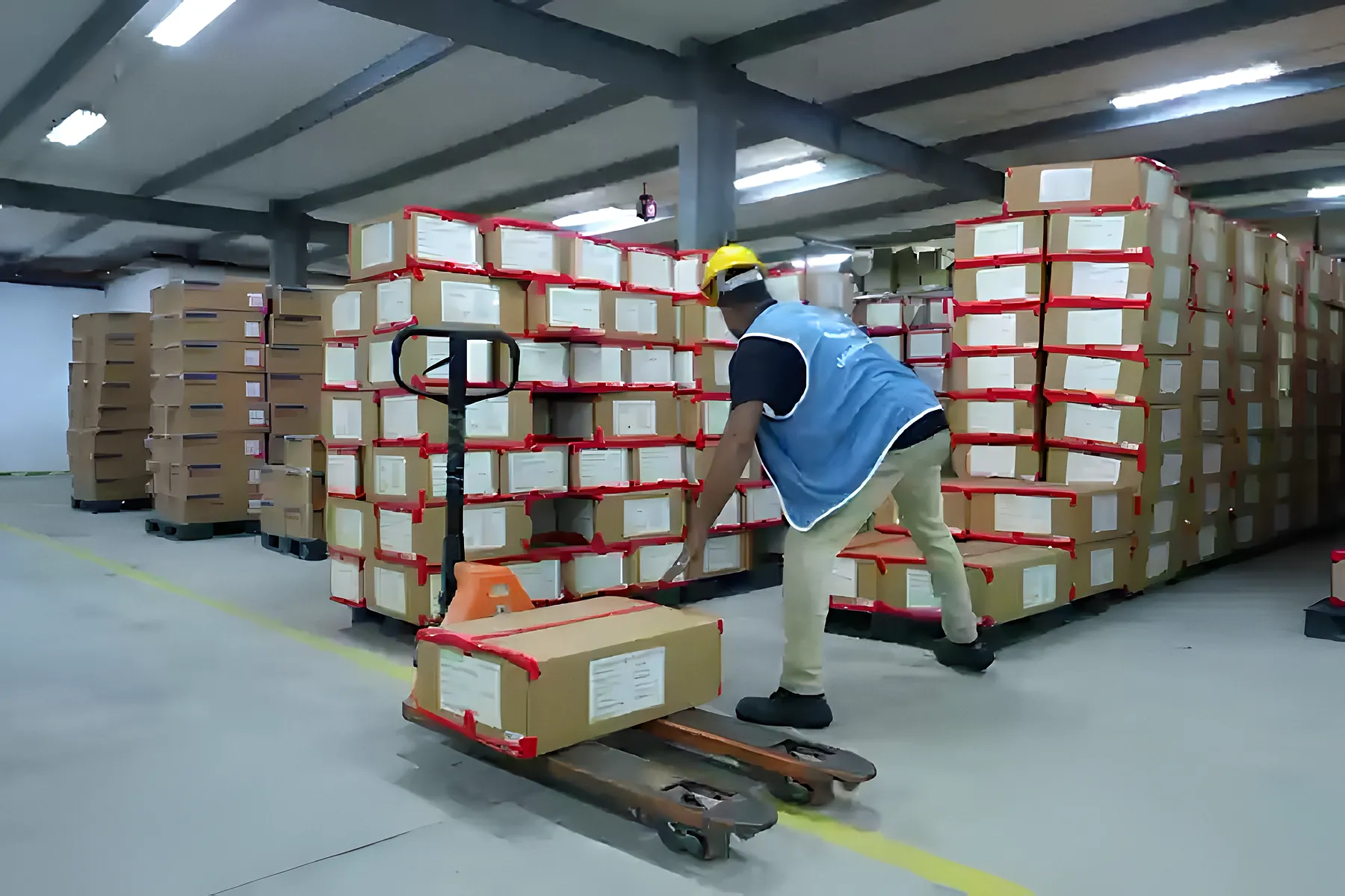A warehouse worker pulls a pallet of export cartons with a pallet jack
